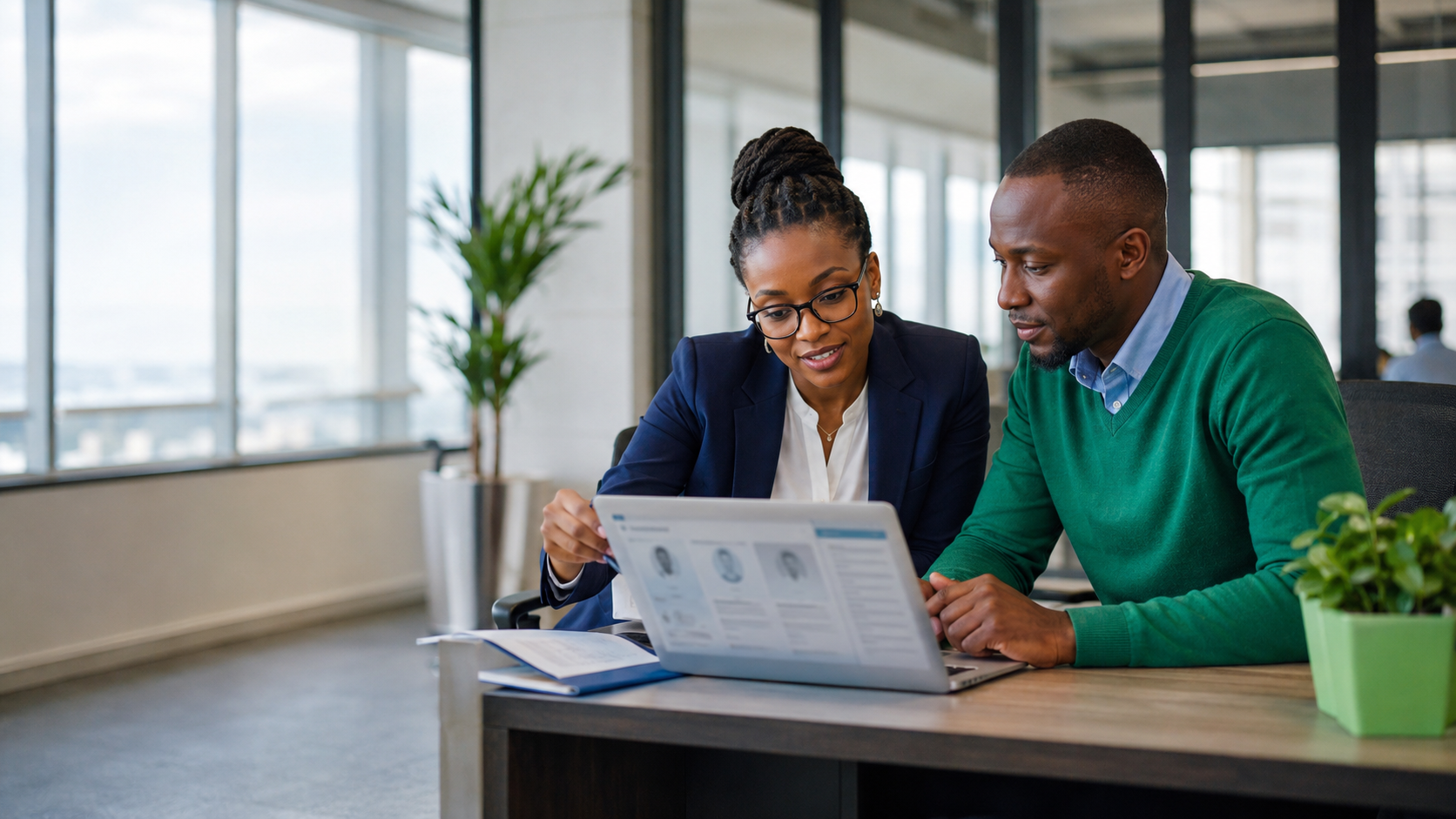 African HR manager and employee reviewing an employee profile together